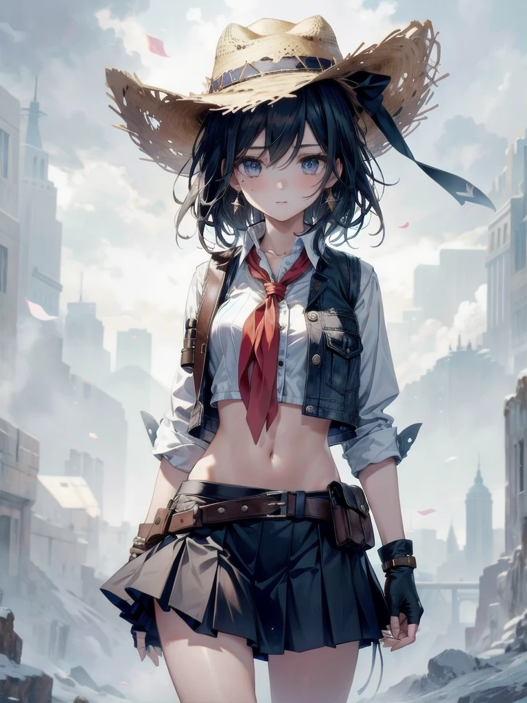 cowgirl costume, vest, cowboy hat, fingerless gloves, midriff, neckerchief, short skirt, holster, absurdres, RAW photo, extremely delicate and beautiful, masterpiece, Best Quality, ultra high resolution, 32k, hyperrealistic, ultra-detailed, perfect figure, tearful mole, earring, whole body shot, short medium hair, wavy hair,