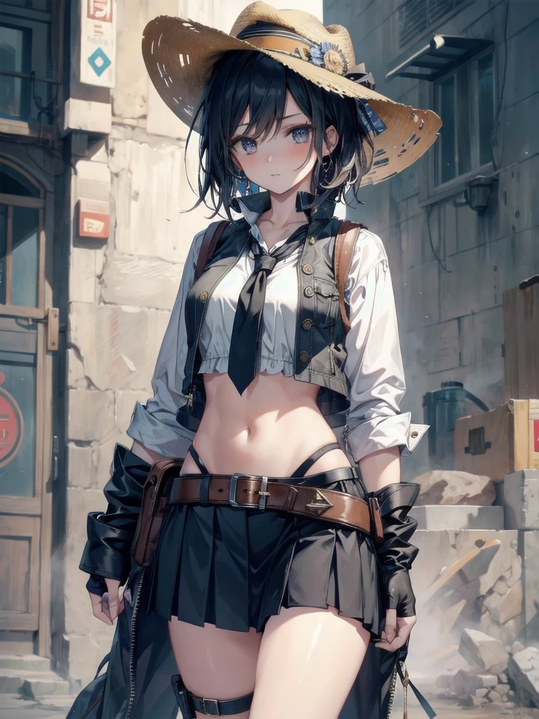 cowgirl costume, vest, cowboy hat, fingerless gloves, midriff, neckerchief, short skirt, holster, absurdres, RAW photo, extremely delicate and beautiful, masterpiece, Best Quality, ultra high resolution, 32k, hyperrealistic, ultra-detailed, perfect figure, tearful mole, earring, whole body shot, short medium hair, wavy hair,