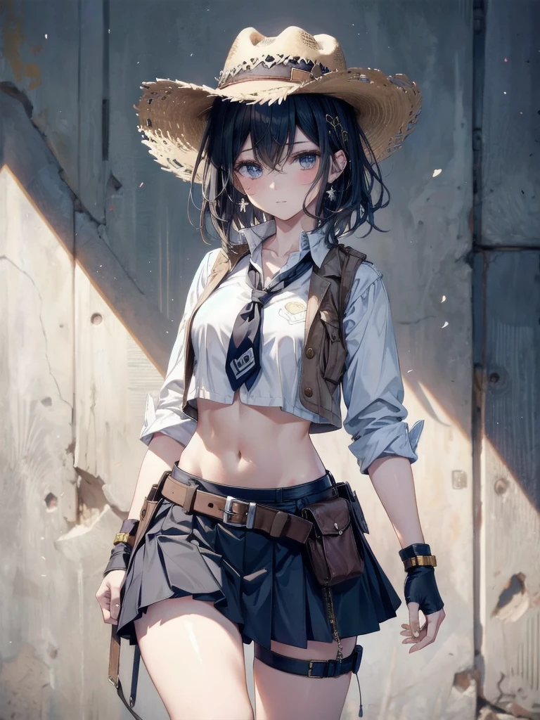 cowgirl costume, vest, cowboy hat, fingerless gloves, midriff, neckerchief, short skirt, holster, absurdres, RAW photo, extremely delicate and beautiful, masterpiece, Best Quality, ultra high resolution, 32k, hyperrealistic, ultra-detailed, perfect figure, tearful mole, earring, whole body shot, short medium hair, wavy hair,