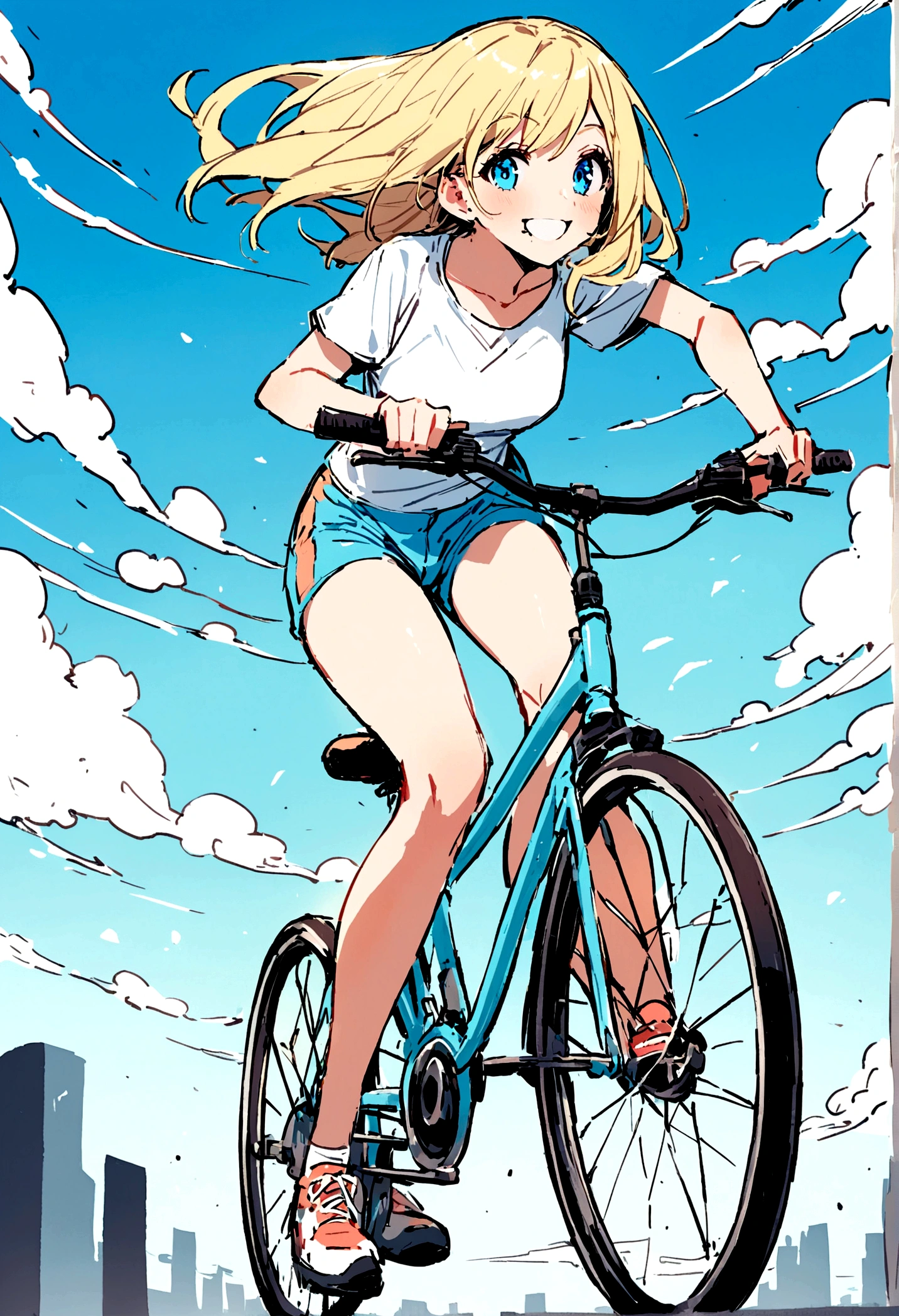 a young woman, 20 years old, blonde, straight hair, blue eyes, hole in the chin, BEAUTIFUL, PERFECT BODY, FULL BODY, HAPPY smiling, standing full body, RIDING A BICYCLE, in SHORTS