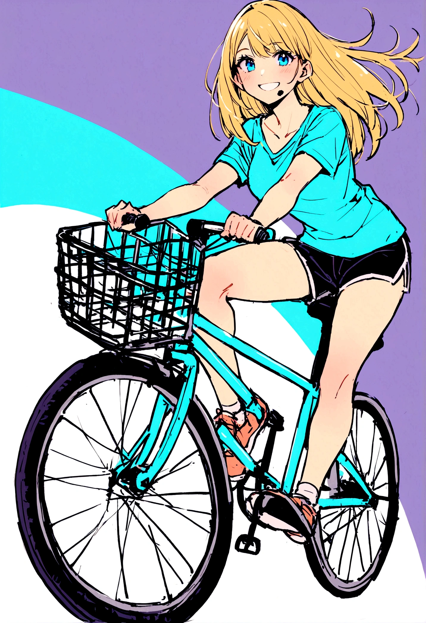 a young woman, 20 years old, blonde, straight hair, blue eyes, hole in the chin, BEAUTIFUL, PERFECT BODY, FULL BODY, HAPPY smiling, standing full body, RIDING A BICYCLE, in SHORTS