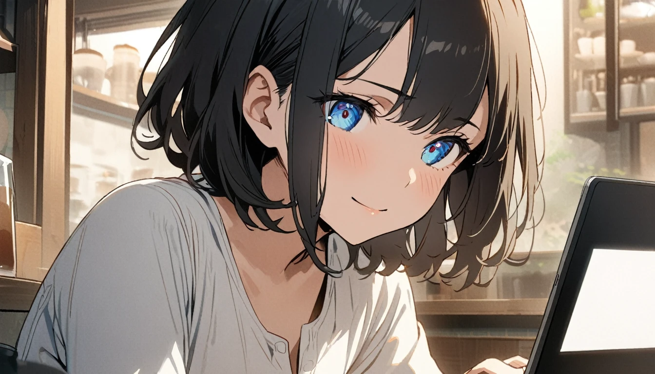1girl, solo, blue eyes, (detailed eyes), flat chest, short hair, black hair, upper body, gentle smile on her face, wearing a white dress shirt, sitting up straight((masterpiece, illustration, best quality)) A woman operating a laptop in a stylish cafe、28 years old、adult atmosphere、Close-up, has a cup of coffee right beside her