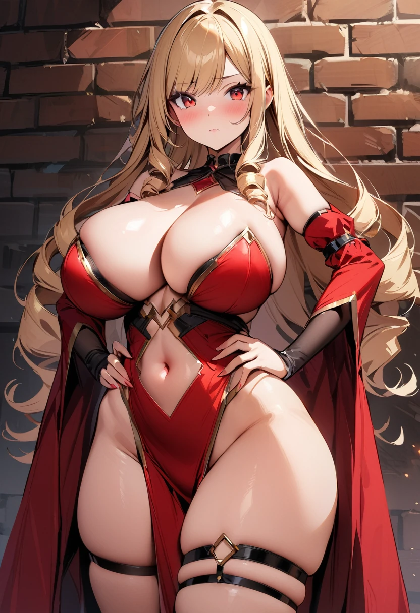 masterpiece, best quality, 1girl, bare_shoulders, blonde_hair, blush, breasts, brick_wall, center_opening, choker, cleavage, closed_mouth, clothing_cutout, detached_collar, detached_sleeves, dress, drill_hair, hand_on_own_hip, hands_on_own_hips, huge_breasts, jewelry, long_hair looking_at_viewer, looking_to_the_side, navel, navel_cutout, pelvic_curtain, red_dress, ((red_eyes)), revealing_clothes, skindentation, solo, strapless, strapless_dress, swept_bangs, thigh_strap, thighs
