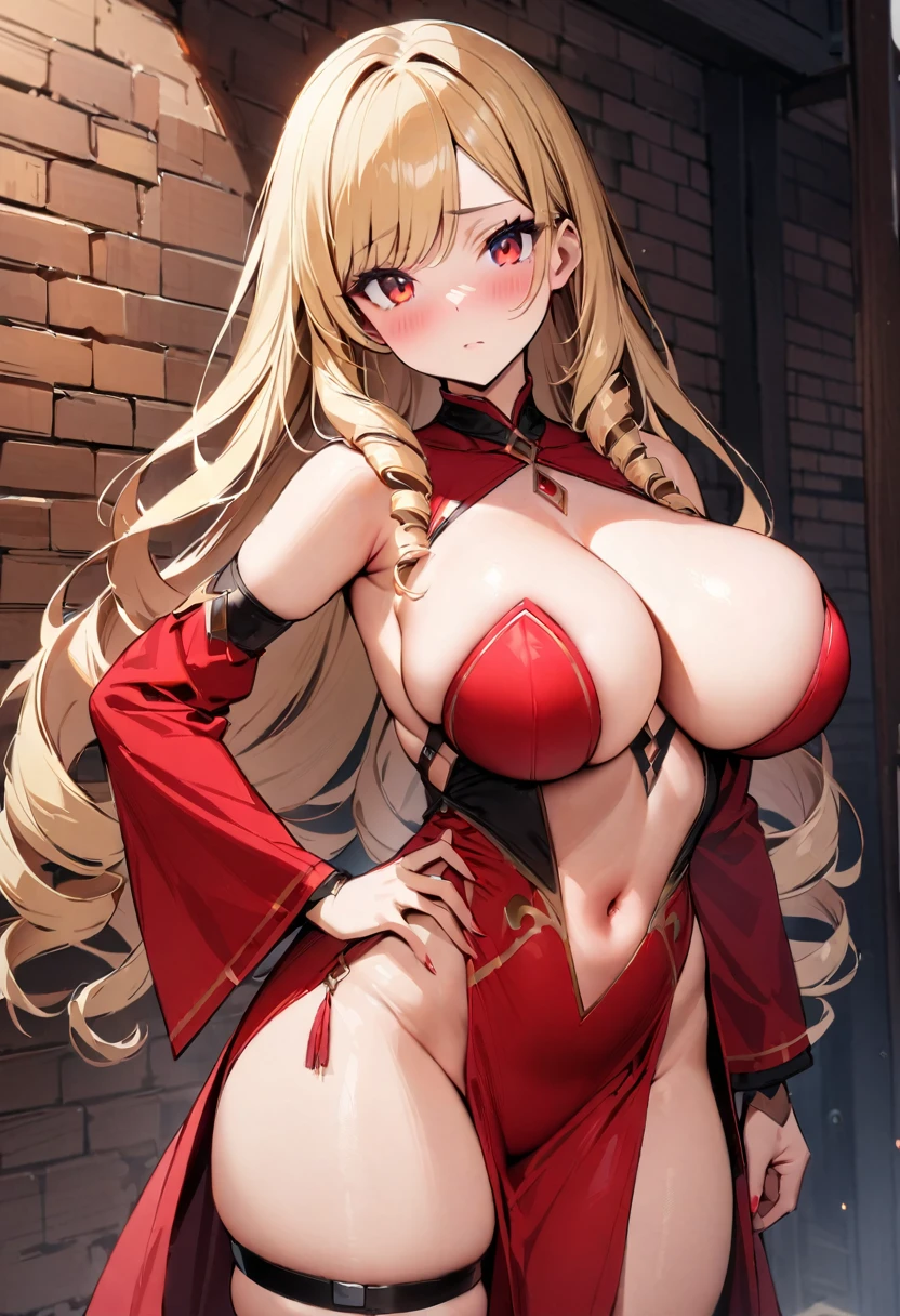 masterpiece, best quality, 1girl, bare_shoulders, blonde_hair, blush, breasts, brick_wall, center_opening, choker, cleavage, closed_mouth, clothing_cutout, detached_collar, detached_sleeves, dress, drill_hair, hand_on_own_hip, hands_on_own_hips, huge_breasts, jewelry, long_hair looking_at_viewer, looking_to_the_side, navel, navel_cutout, pelvic_curtain, red_dress, ((red_eyes)), revealing_clothes, skindentation, solo, strapless, strapless_dress, swept_bangs, thigh_strap, thighs
