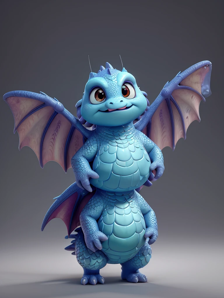 a baby dragon, 3D, disney-pixar style, solid grey background, extremely detailed, 8k, hyperrealistic, volumetric lighting, dynamic pose, cute and adorable expression, intricate scales, glowing eyes, puffed up chest, spread wings, whimsical, magical, fantasy, warm colors, dramatic lighting