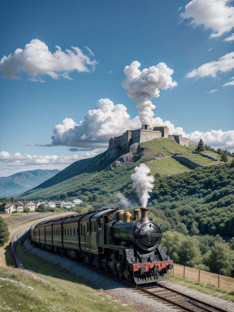 Create a train with chrome parts, moving image, light background, Art Canvas, steam locomotive artistic painting. exuberante, impressive. blue sky. day Of course. Green mountain in the background. Stone wall near the train.