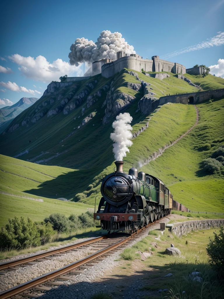Create a train with chrome parts, moving image, light background, Art Canvas, steam locomotive artistic painting. exuberante, impressive. blue sky. day Of course. Green mountain in the background. Stone wall near the train.