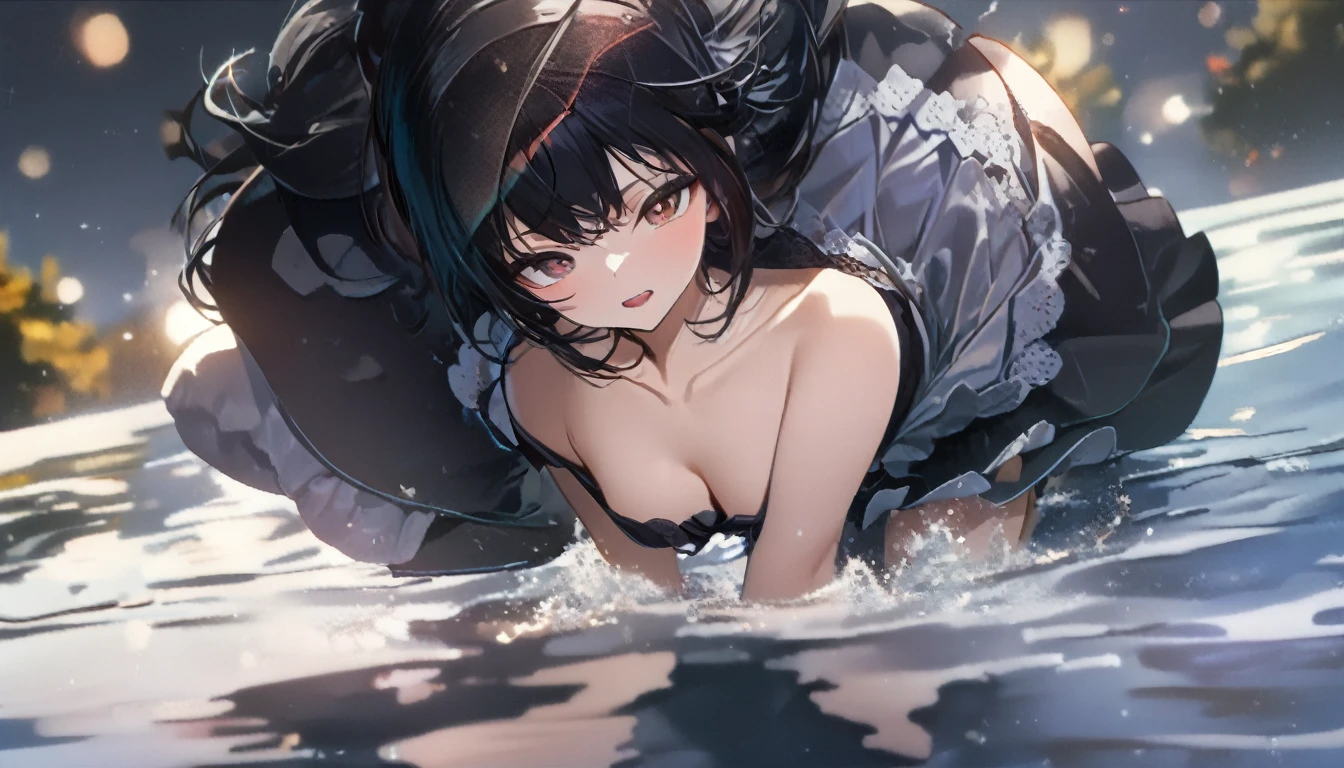 1girl, solo, flat chest, short hair, black hair, standing, gentle smile on her face((masterpiece, illustration, best quality), eyes closed, ((best quality)), ((masterpiece)), Girl on the water、Under the full moon、Night