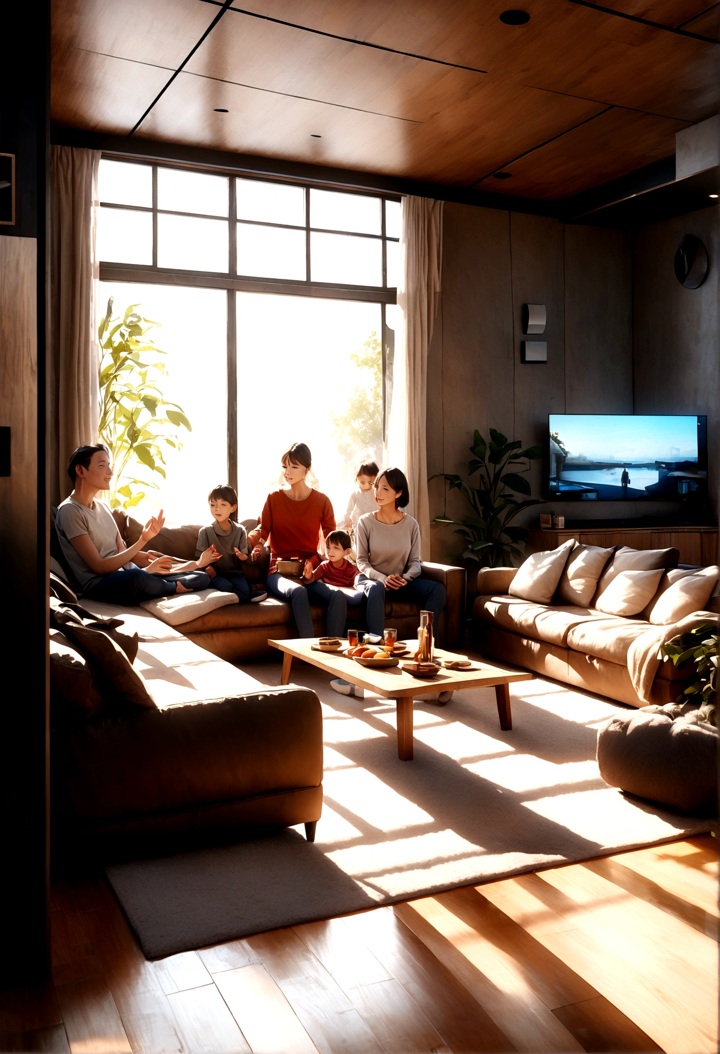 a smart home with a family, smart light switches, advanced home automation technology, warm lighting, cozy interior, comfortable living room, family gathering, people interacting, modern and sleek design, energy-efficient, high-tech appliances, beautiful decor, natural materials, large windows, natural sunlight, detailed textures, photorealistic, 8k, vibrant colors, cinematic lighting, dramatic shadows, masterpiece