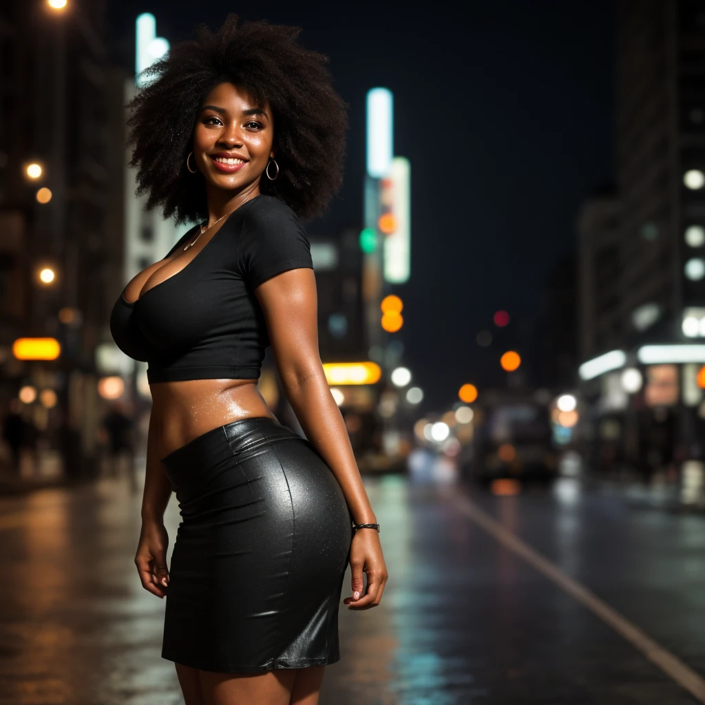 ((ONE GIRL)). best quality, ultra-detailed, hyper realistic, 8k, full body shot, 23 years old, Nigerian beautiful girl, round shaped face, dark black skin, highly detailed skin with blemishes, ebony, dark natural afro hair, fit athletic figure, full body, big natural E cup breasts, big butt, wide hips, under the rain, wearing a shirt, long skirt, cleavage, wet skin, smiling, in the crowded city streets at night, city lights as background