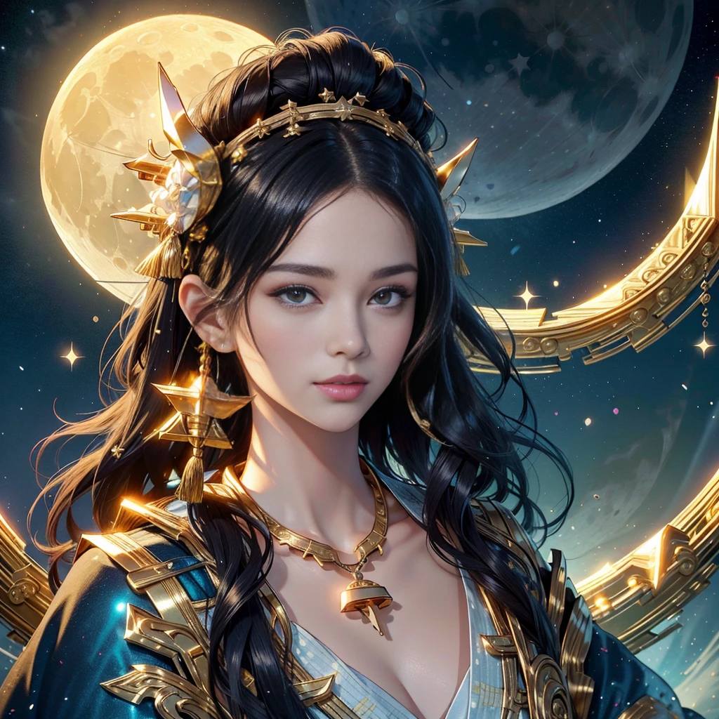 detailed background(a moon,Detailed starry sky background),glossy dark hair,Blake Ponytail、elaborate costume{Luxury kimono(Colorful kimono(Detailed golden embroidery,))}、face perfect,Depict a beautiful and graceful woman of Japan。Heart in the eye。 Wallpaper 8K, .Blur the background with a sickle,((masutepiece)), ((Best Quality)),{{a portrait photo of}}