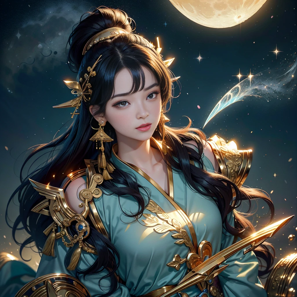 detailed background(a moon,Detailed starry sky background),glossy dark hair,Blake Ponytail、elaborate costume{Luxury kimono(Colorful kimono(Detailed golden embroidery,))}、face perfect,Depict a beautiful and graceful woman of Japan。Heart in the eye。 Wallpaper 8K, .Blur the background with a sickle,((masutepiece)), ((Best Quality)),{{a portrait photo of}}