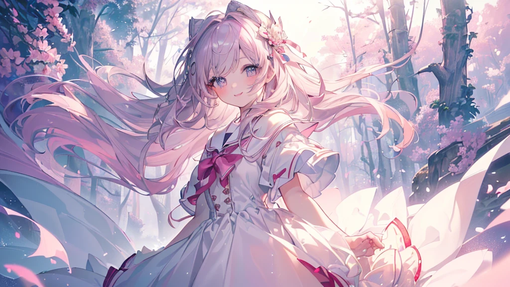 (((Highest quality、masterpiece、Ultra-fine、Ultra-fine、Exquisite、16K、Full HD,Asahi,high school girl,))) 、Dark Eyes、Long eyelashes、White skin、(Pale pink lips、Pale pink cheeks、thin and long)、 ((cute)) ((One person)) 、((Top view,The best smile)) 、(Wide Shot、epic proportion)、