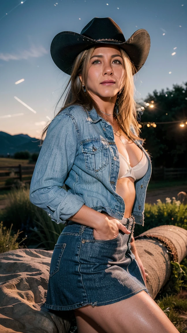 (masterpiece), (photorealistic1.4), (epiCRealLife),( Jennifer Aniston, Cowboy outfit), (Jennifer Aniston wearing skirt),), (4k), (cowboy style), (denim jacket), (Jennifer Aniston skirt), (cowboy boots), (sks woman),, (large breasts bra), (epiCFlashPhoto) ,(flashphoto), (flash photography), (outdoor), (at night), (starry sky),(spotlight), (night view), (in a Ranch Garden),, (look at viewers), (Jennifer Aniston smile), (lying on haystack), ), (night time), (night scenes), (photoshoot), (close up), (denim shirt)