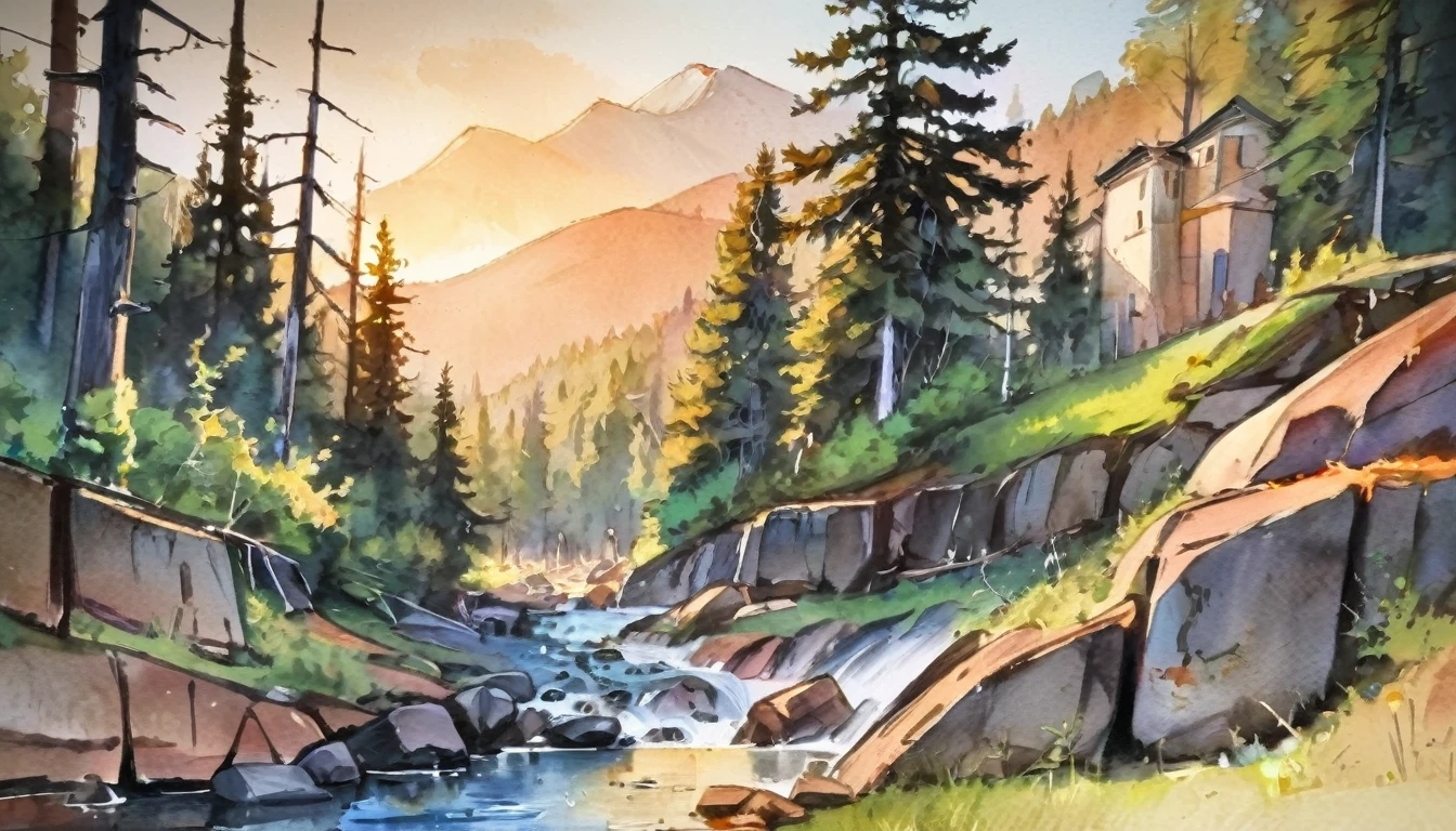 watercolor, Golden Hour, scenery, "In the ruined megalopolis"