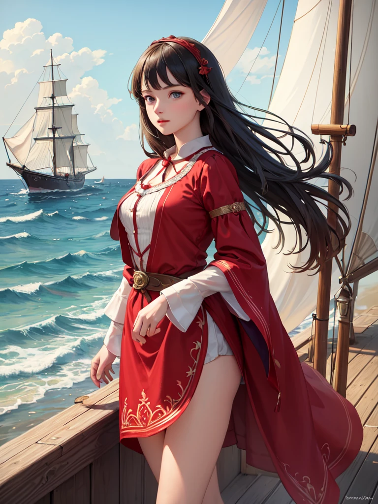 (masterpiece, super high quality, Very detailed), landscape, Young girl, absolute, Scarlet Sails, Girl looking at the sea from the beach, Camera staring at the sea, Intricate details, sailing ship with Scarlet Sails, A scene from an Alexander Green novel "Scarlet Sails"