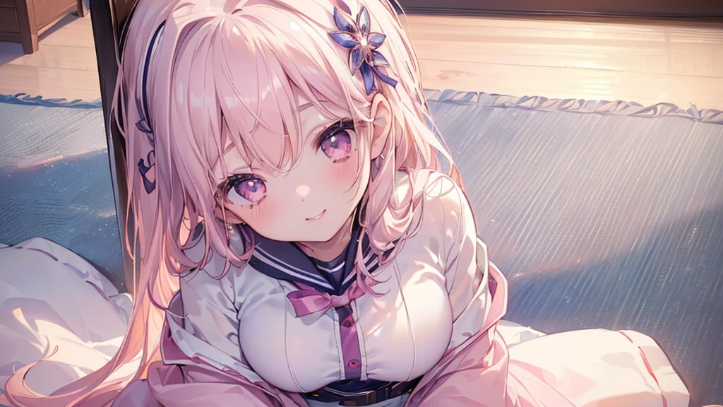(((Highest quality、masterpiece、Ultra-fine、Ultra-fine、Exquisite、16K、Full HD,Asahi,high school girl,))) 、Dark Eyes、Long eyelashes、White skin、(Pale pink lips、Pale pink cheeks、thin and long)、 ((cute)) ((One person)) 、((Top view,The best smile)) 、(Wide Shot、epic proportion)、