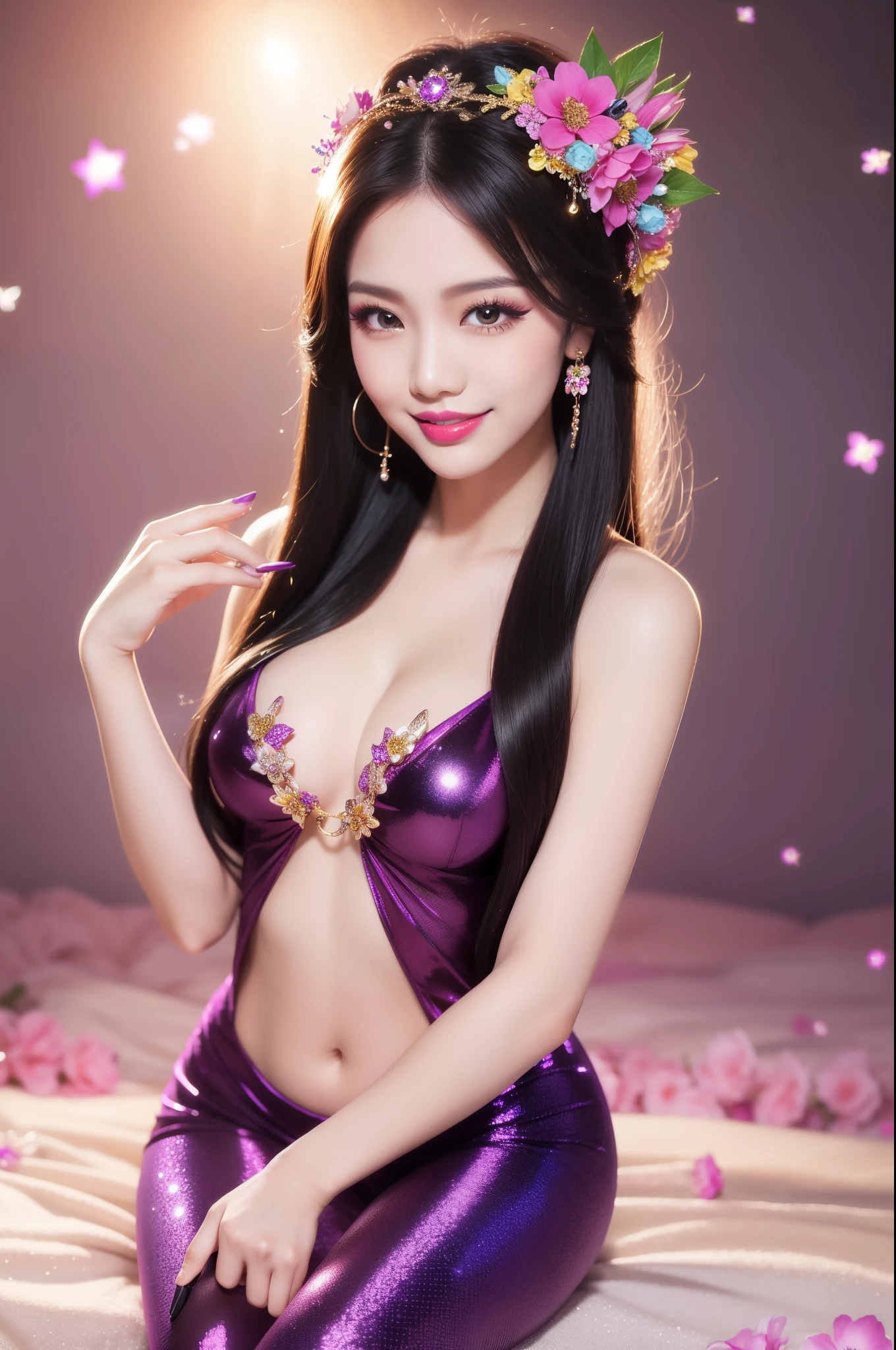 sexy Thai model who controls poison、beautiful smile、lip-gloss、bold lipstick、long lashes、ultra detailed makeup、look at the camera、full body Esbian、、sparkling poisoned flower costume、、、、sparkling Colorful hair、secrete poison、skull hair accessories、sexy tights、shiny sparkling flowers background