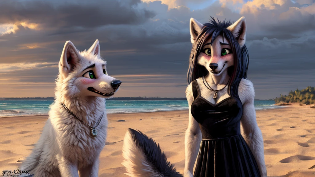 ((( white wolf ))), ((female)) sexy, uploaded to E621, beautiful and professional detailed of a anthropomorphic white wolf, ((A long, black velvet dress with thoughtfully tattered details and a necklace inscribed with an "M")) (( Morticia Addams )) ((on the cloudy and moody beach)), uploaded to E621, ((by fluff-kevlar, by Zackary911, by Kenket, by Kilinah, by fluff-kevlar)), detailed large green eyes, medium breast, large fluffy tail, slim toned body, teenager ((18years)), ((big eyes)) solo, alarmed, surprised, skinny, extremely shy, (( embarrassed blush, front view))
