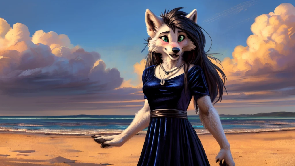 ((( white wolf ))), ((female)) sexy, uploaded to E621, beautiful and professional detailed of a anthropomorphic white wolf, ((A long, black velvet dress with thoughtfully tattered details and a necklace inscribed with an "M")) (( Morticia Addams )) ((on the cloudy and moody beach)), uploaded to E621, ((by fluff-kevlar, by Zackary911, by Kenket, by Kilinah, by fluff-kevlar)), detailed large green eyes, medium breast, large fluffy tail, slim toned body, teenager ((18years)), ((big eyes)) solo, alarmed, surprised, skinny, extremely shy, (( embarrassed blush, front view))