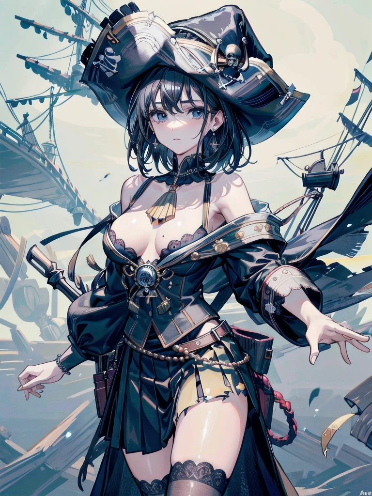 absurdres, RAW photo, extremely delicate and beautiful, masterpiece, Best Quality, ultra high resolution, 32k, hyperrealistic, ultra-detailed, delicate facial features, beautiful detailed woman, tearful mole, earring, medium breasts, full body shot, medium hair, black hair, (Practical pirate clothing), Long-sleeved pirate top, Skirt, torn pirate hat,