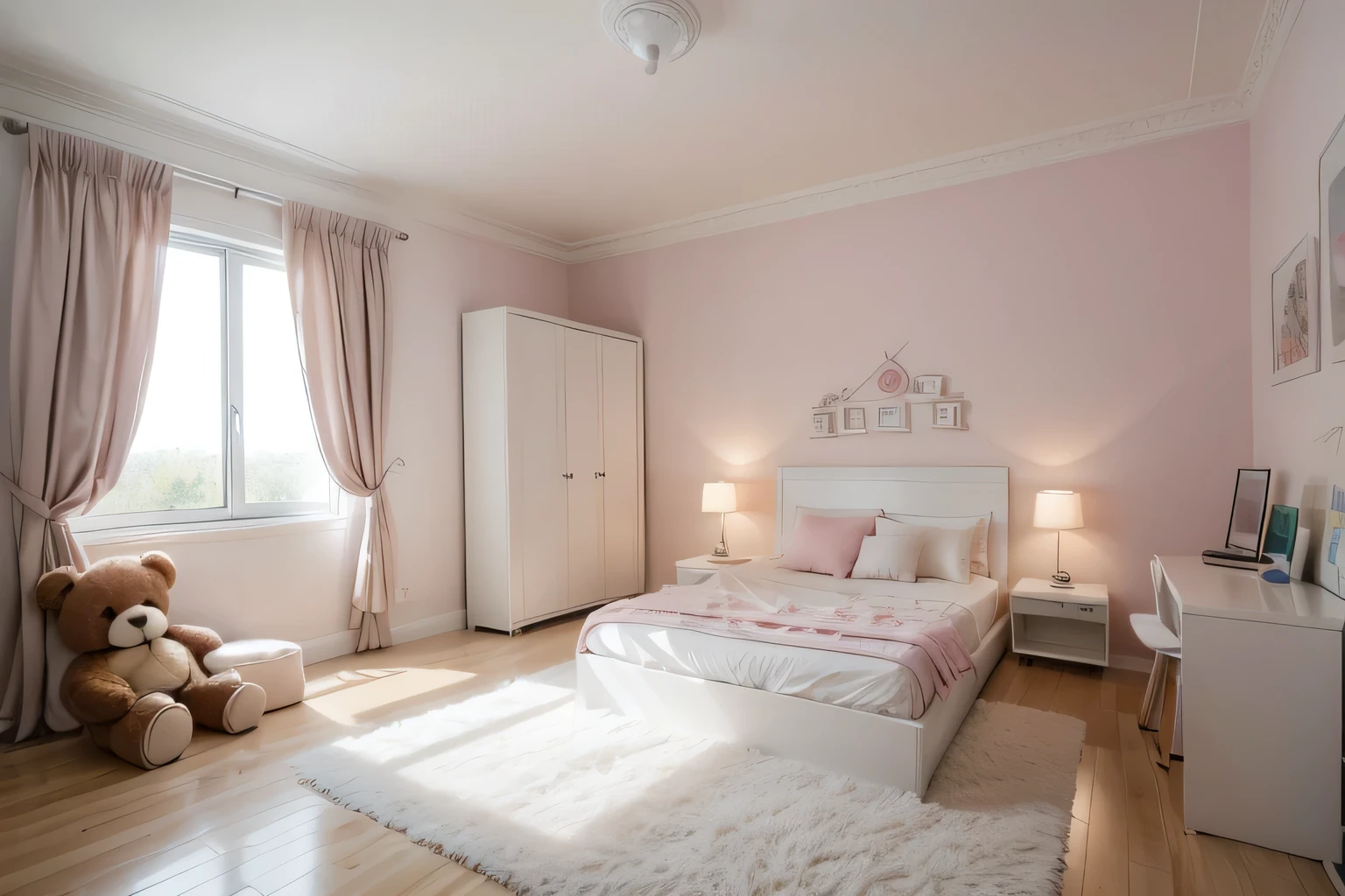 a children's room decorated in a charming and minimalist way, perfect for a . The environment is light and airy, with white walls that create a feeling of spaciousness. In the center of the room, there is a single bed with a light pink bedspread, bringing a touch of softness and delicacy to the space. At the foot of the bed, a brown teddy bear sits, ready to be hugged.