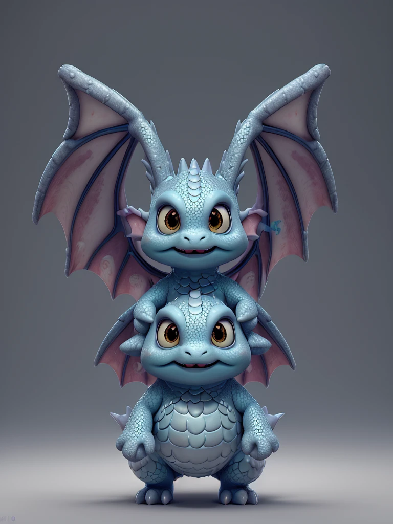 a baby dragon, 3D, solid grey background, extremely detailed, 8k, hyperrealistic, volumetric lighting, dynamic pose, cute and adorable expression, intricate scales, glowing eyes, puffed up chest, spread wings, whimsical, magical, fantasy, warm colors, dramatic lighting