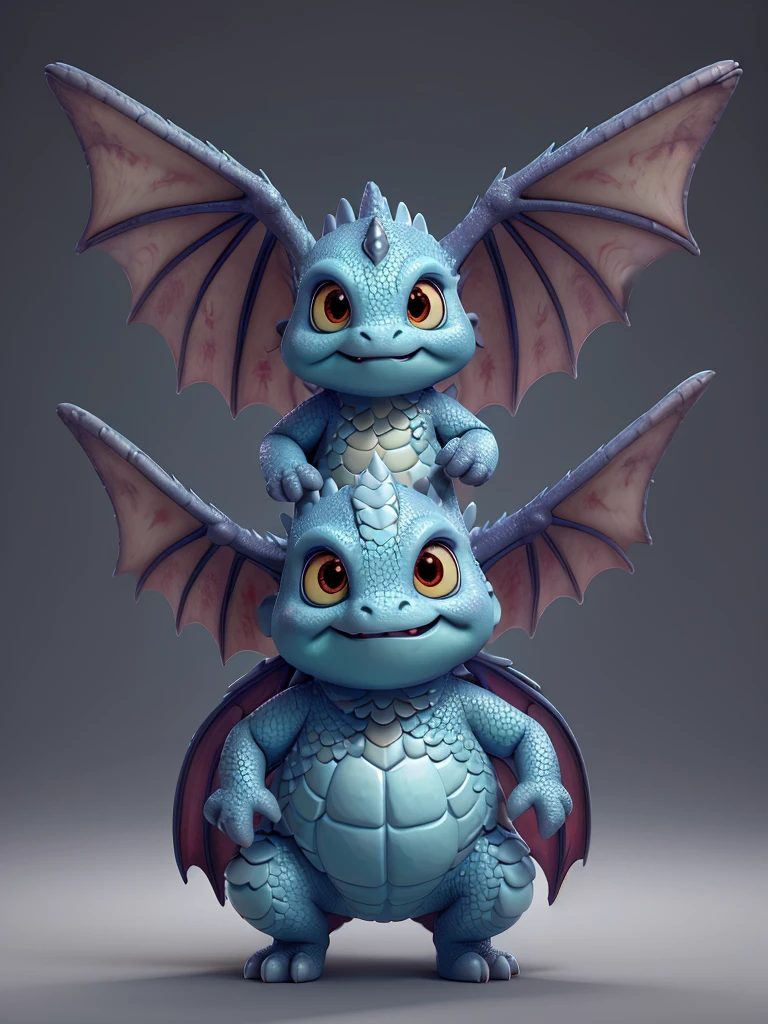 a baby dragon, 3D, solid grey background, extremely detailed, 8k, hyperrealistic, volumetric lighting, dynamic pose, cute and adorable expression, intricate scales, glowing eyes, puffed up chest, spread wings, whimsical, magical, fantasy, warm colors, dramatic lighting