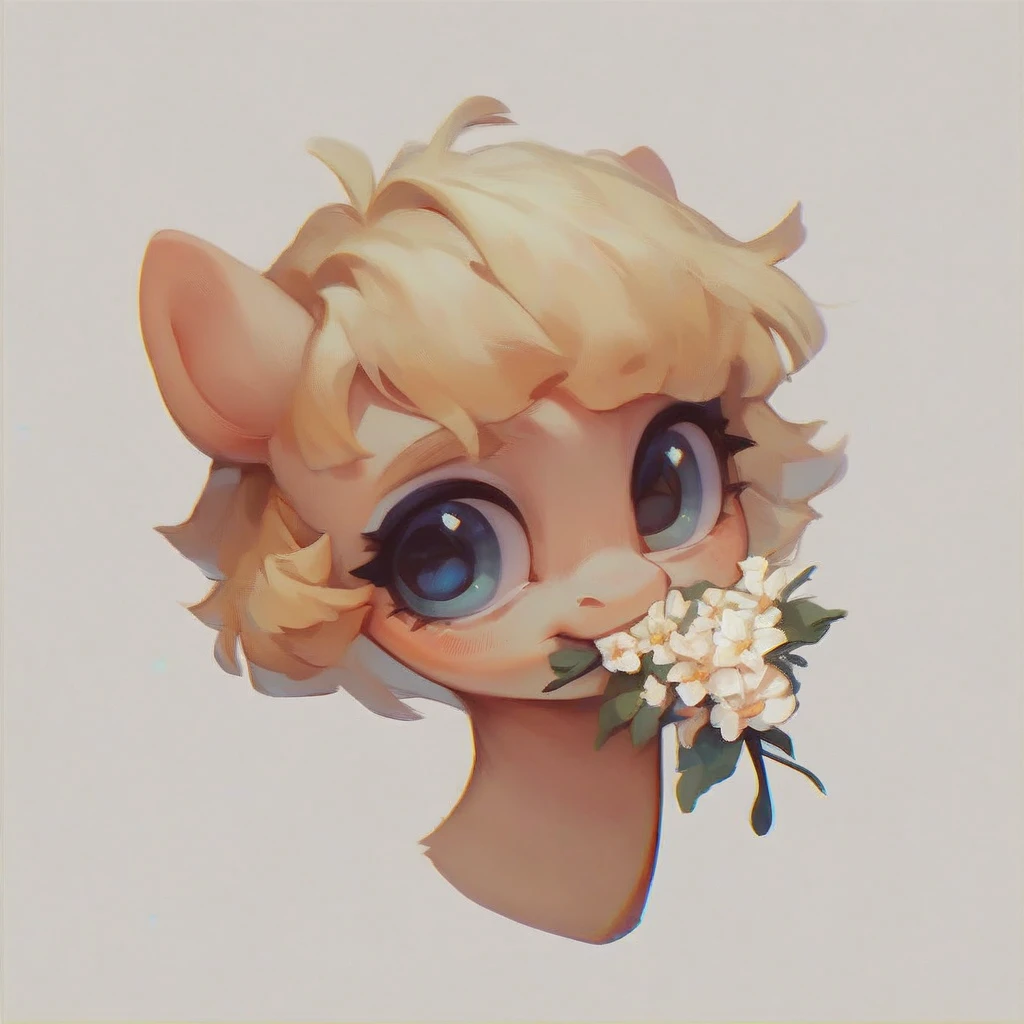 score_9, score_8_up, score_7_up, score_6_up, cute pony portrait, simple background, full body,my little pony body, pony girl,eyes yellow,short hair light blonde,skin fur white,talis  long light  blonde,full body,pose holding flower in mouth,background village day
