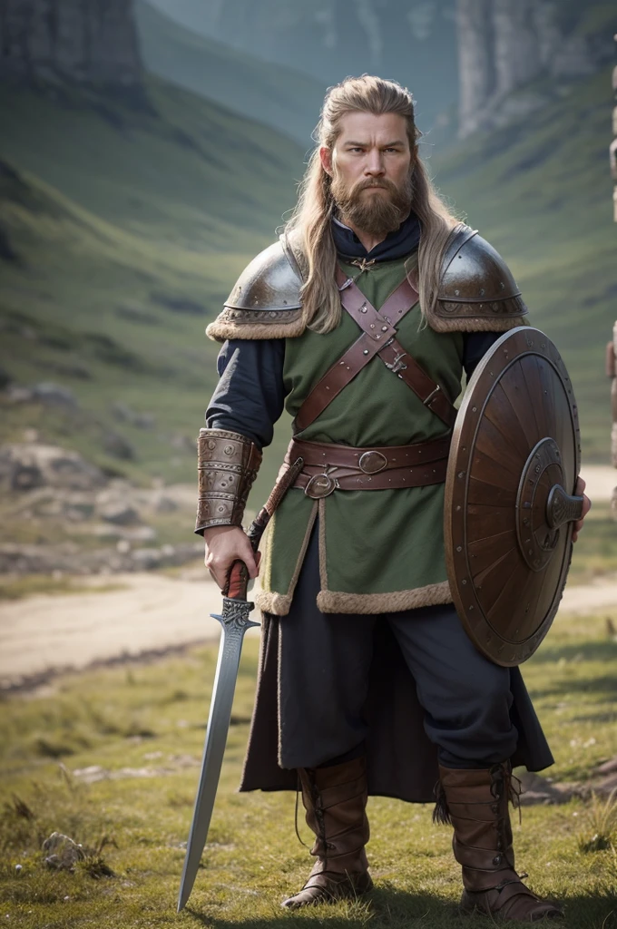 Create a side image of a Viking in your era , with the sword stuck in the ground , shield on your arm