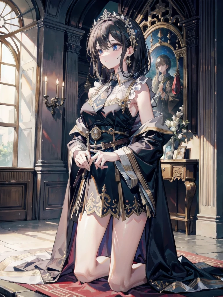 absurdres, RAW photo, extremely delicate and beautiful, masterpiece, Best Quality, ultra high resolution, 32k, hyperrealistic, ultra-detailed, delicate facial features, beautiful detailed woman, tearful mole, earring, medium breasts, full body shot, medium hair, black hair, a large medieval castle interior, large ornate castle hall with high ceilings, hogwarts teacher, necktie, cloak, 