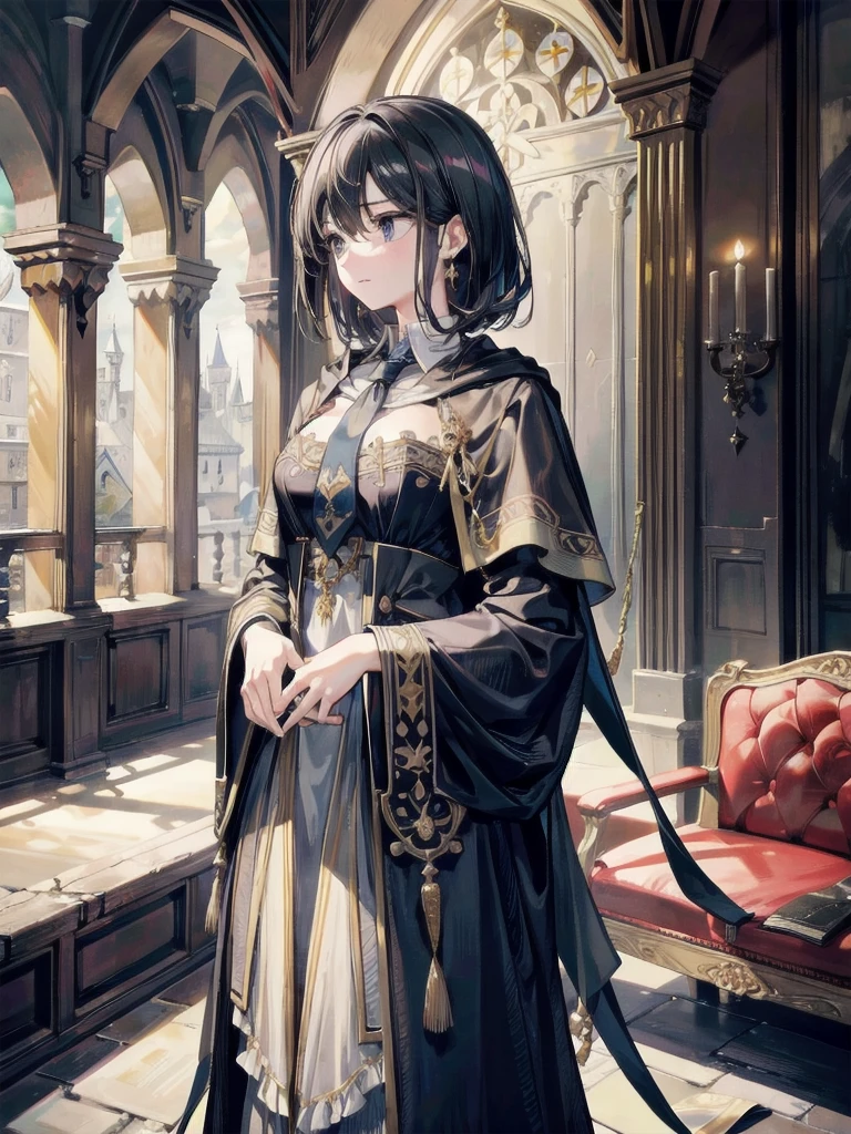 absurdres, RAW photo, extremely delicate and beautiful, masterpiece, Best Quality, ultra high resolution, 32k, hyperrealistic, ultra-detailed, delicate facial features, beautiful detailed woman, tearful mole, earring, medium breasts, full body shot, medium hair, black hair, a large medieval castle interior, large ornate castle hall with high ceilings, hogwarts teacher, necktie, cloak,