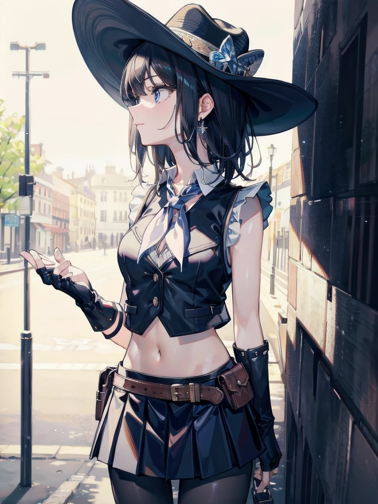absurdres, RAW photo, extremely delicate and beautiful, masterpiece, Best Quality, ultra high resolution, 32k, hyperrealistic, ultra-detailed, delicate facial features, beautiful detailed woman, tearful mole, earring, medium breasts, full body shot, medium hair, black hair, cowgirl costume, vest, cowboy hat, fingerless gloves, midriff, neckerchief, short skirt, holster, 