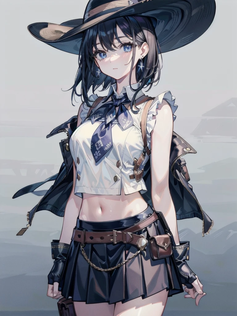 absurdres, RAW photo, extremely delicate and beautiful, masterpiece, Best Quality, ultra high resolution, 32k, hyperrealistic, ultra-detailed, delicate facial features, beautiful detailed woman, tearful mole, earring, medium breasts, full body shot, medium hair, black hair, cowgirl costume, vest, cowboy hat, fingerless gloves, midriff, neckerchief, short skirt, holster,