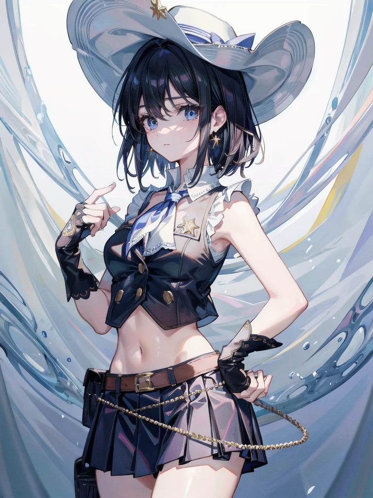 absurdres, RAW photo, extremely delicate and beautiful, masterpiece, Best Quality, ultra high resolution, 32k, hyperrealistic, ultra-detailed, delicate facial features, beautiful detailed woman, tearful mole, earring, medium breasts, full body shot, medium hair, black hair, cowgirl costume, vest, cowboy hat, fingerless gloves, midriff, neckerchief, short skirt, holster,