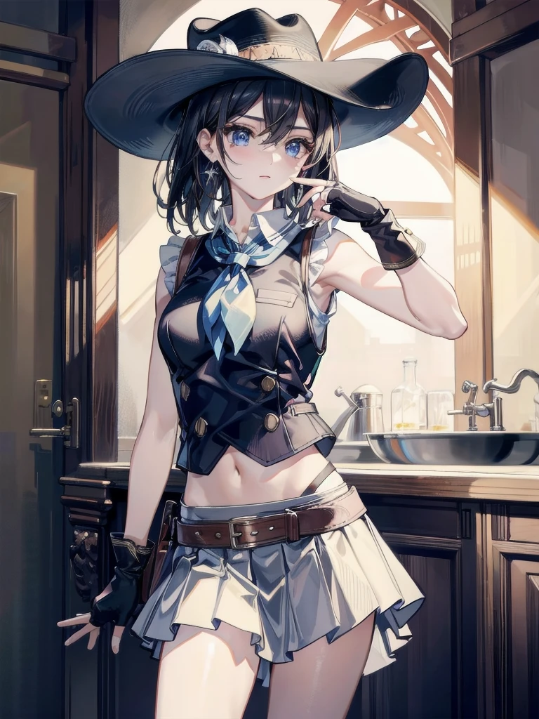 absurdres, RAW photo, extremely delicate and beautiful, masterpiece, Best Quality, ultra high resolution, 32k, hyperrealistic, ultra-detailed, delicate facial features, beautiful detailed woman, tearful mole, earring, medium breasts, full body shot, medium hair, black hair, cowgirl costume, vest, cowboy hat, fingerless gloves, midriff, neckerchief, short skirt, holster, 