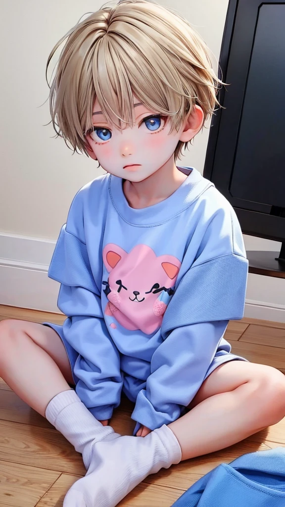 Cute 6 year old anime boy wearing cute socks and super kawaii animal pajamas