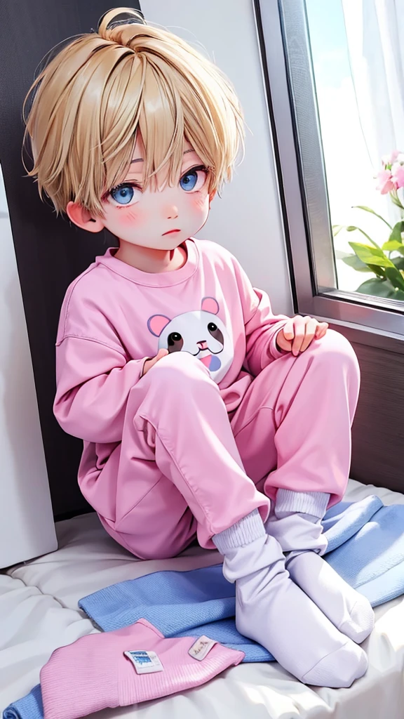 Cute 6 year old anime boy wearing cute socks and super kawaii animal pajamas