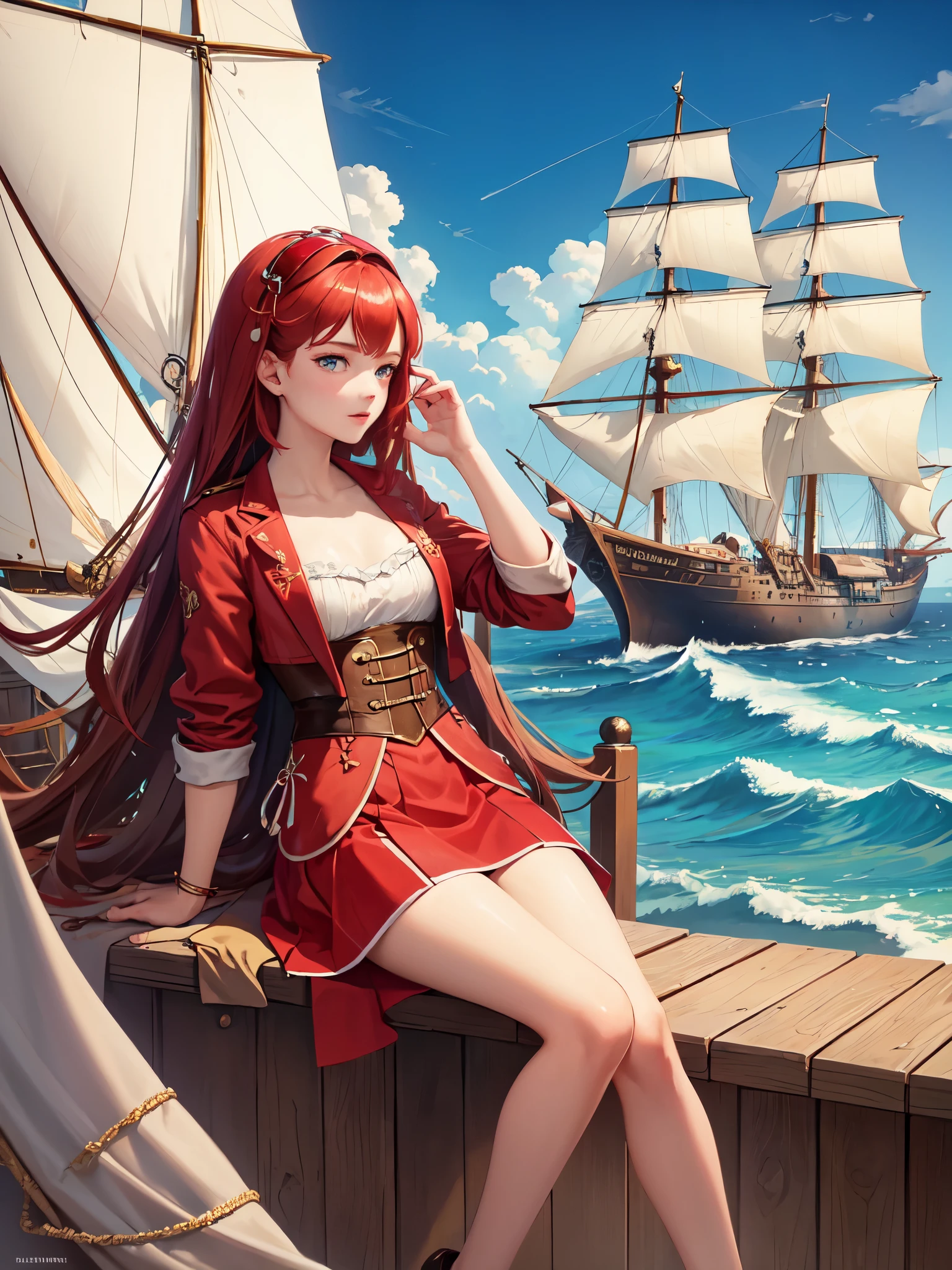 (masterpiece, super high quality, Very detailed), landscape, Young girl, absolute, Scarlet Sails, Girl looking at the sea from the beach, Camera staring at the sea, Intricate details, sailing ship with Scarlet Sails, A scene from an Alexander Green novel "Scarlet Sails"