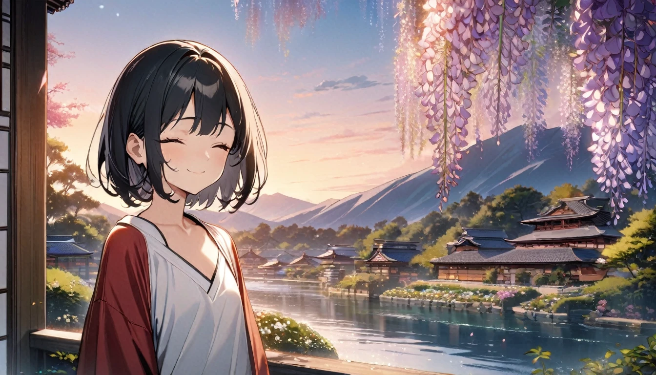 1girl, solo, flat chest, short hair, black hair, standing, gentle smile on her face((masterpiece, illustration, best quality), eyes closed, ((best quality)), ((masterpiece)), mdjrny-pprct, japanese architecture, Sakura, wisteria, flower garden, mountains and rivers, Clouds (high detial: 1.2)、evening glow