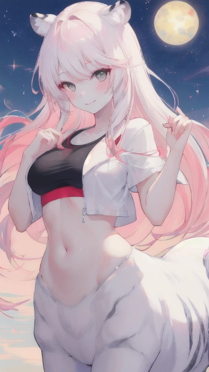 (best quality, masterpiece), 1 girl, centaur, It takes, White skin, Korean ,daughter,black pink,Smiling, exposing the abdomen, belly button t-shirt , 아름다운 소녀 perfect white tiger photo, perfect white tiger photo