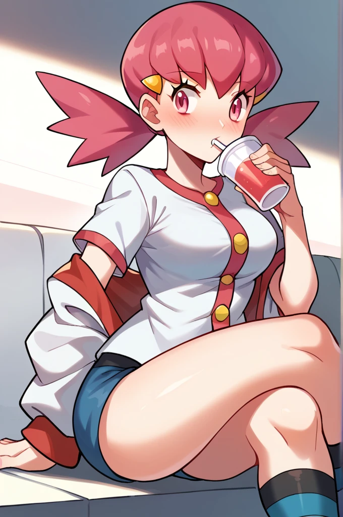 score_9, score_8_up, score_7_up, defwhitney, whitney \(pokemon\), 1girl, arm support, blush, breasts, buttons, crossed legs, cup, disposable cup, drinking straw, eyelashes, hair ornament, hairclip, hand up, holding, holding cup, jacket, long hair, pink eyes, pink hair, short shorts, short sleeves, shorts, sitting, socks, solo, striped clothes, striped socks, twintails, white jacket