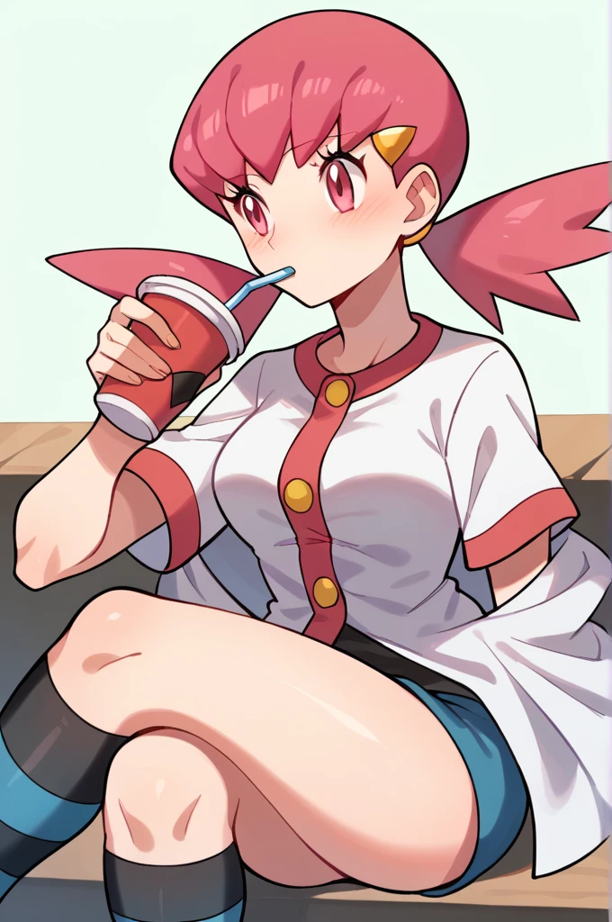 score_9, score_8_up, score_7_up, defwhitney, whitney \(pokemon\), 1girl, arm support, blush, breasts, buttons, crossed legs, cup, disposable cup, drinking straw, eyelashes, hair ornament, hairclip, hand up, holding, holding cup, jacket, long hair, pink eyes, pink hair, short shorts, short sleeves, shorts, sitting, socks, solo, striped clothes, striped socks, twintails, white jacket