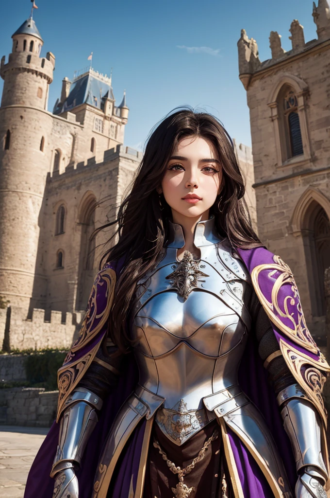 upper body focus, beautiful face, medieval setting, beautiful female knight wearing purple and silver full body plate armor, brown long hair, facing the camera, beautiful golden brown eyes, castle in the background, ornate armor decorated in rose theme, purple cloak