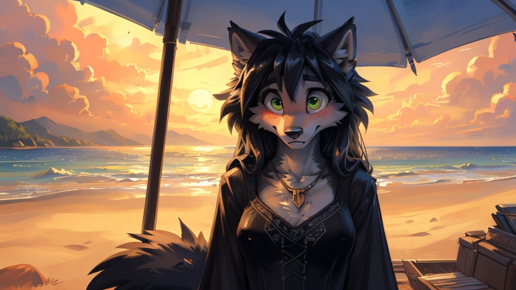 ((( white wolf ))), ((female)) sexy, uploaded to E621, beautiful and professional detailed of a anthropomorphic white wolf, ((A long, black velvet dress with thoughtfully tattered details and a necklace inscribed with an "M")) (( Morticia Addams )) (( on the cloudy moody beach)), uploaded to E621, ((by fluff-kevlar, by Zackary911, by Kenket, by Kilinah, by fluff-kevlar)), detailed large green eyes, medium breast, large fluffy tail, slim toned body, teenager ((18years)), ((big eyes)) solo, alarmed, surprised, skinny, extremely shy, (( embarrassed blush, front view))