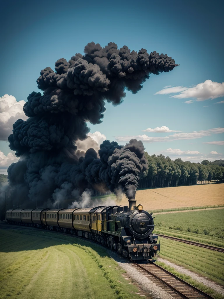 Create a train with black color and yellow details, moving image, light background, Art Canvas, steam locomotive artistic painting. exuberante, impressive. blue sky. day Of course. green field in the background. Animals in the field. 
