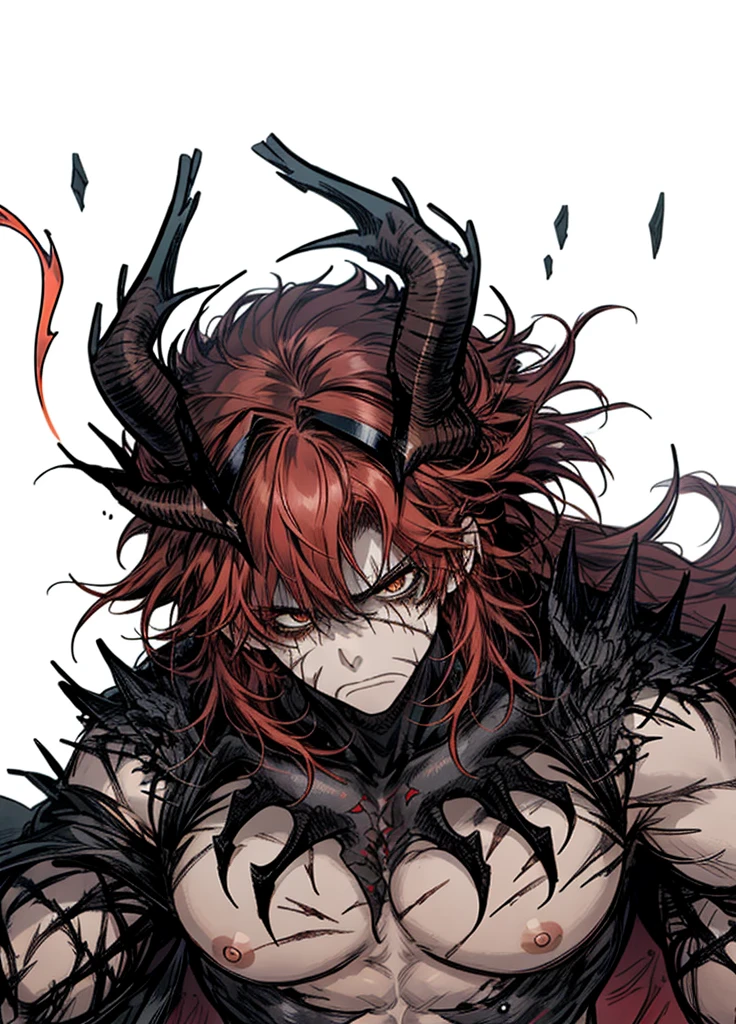1boy,black crown,red hair, Exposed muscular chest, full of scars and burns, exposed torso, big thighs, manly, legendary weapon ,,(masterpiece, best quality), Angry, aura of fire, burns x whole body, fire devil