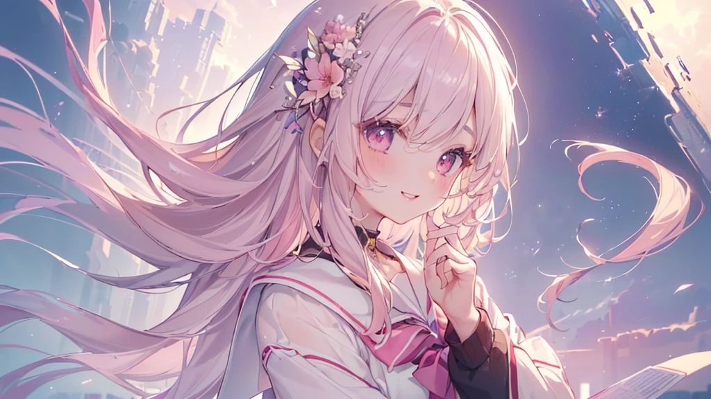 (((Highest quality、masterpiece、Ultra-fine、Ultra-fine、Exquisite、16K、Full HD,Asahi,high school girl,))) 、Dark Eyes、Long eyelashes、White skin、(Pale pink lips、Pale pink cheeks、thin and long)、 ((cute)) ((One person)) 、((Top view,profile,The best smile)) 、(Wide Shot、epic proportion)、