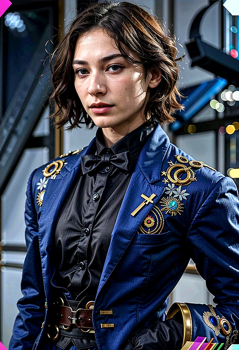 A close up of a person(Ezra Miller) with suit blue suit with gold details (pale skin dark brown hair and gray eyes), delicate androgynous prince, beautiful androgynous prince, critical role caleb, exquisite very detailed, handsome boy in Demon Slayer art, very detailed character, hyper detailed fantasy character, handsome male vampire, Very detailed Wolfgang Lettl, detailed character portrait, Official character art, handsome stunning realistic