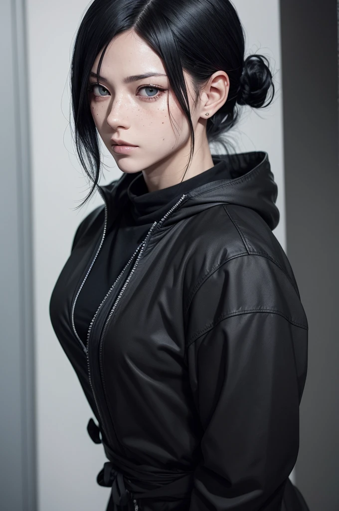 Make a character in the Jujutsu kaisen style. She has black hair on one side and platinum blonde on the other., hazel eyes and freckles on the cheek
